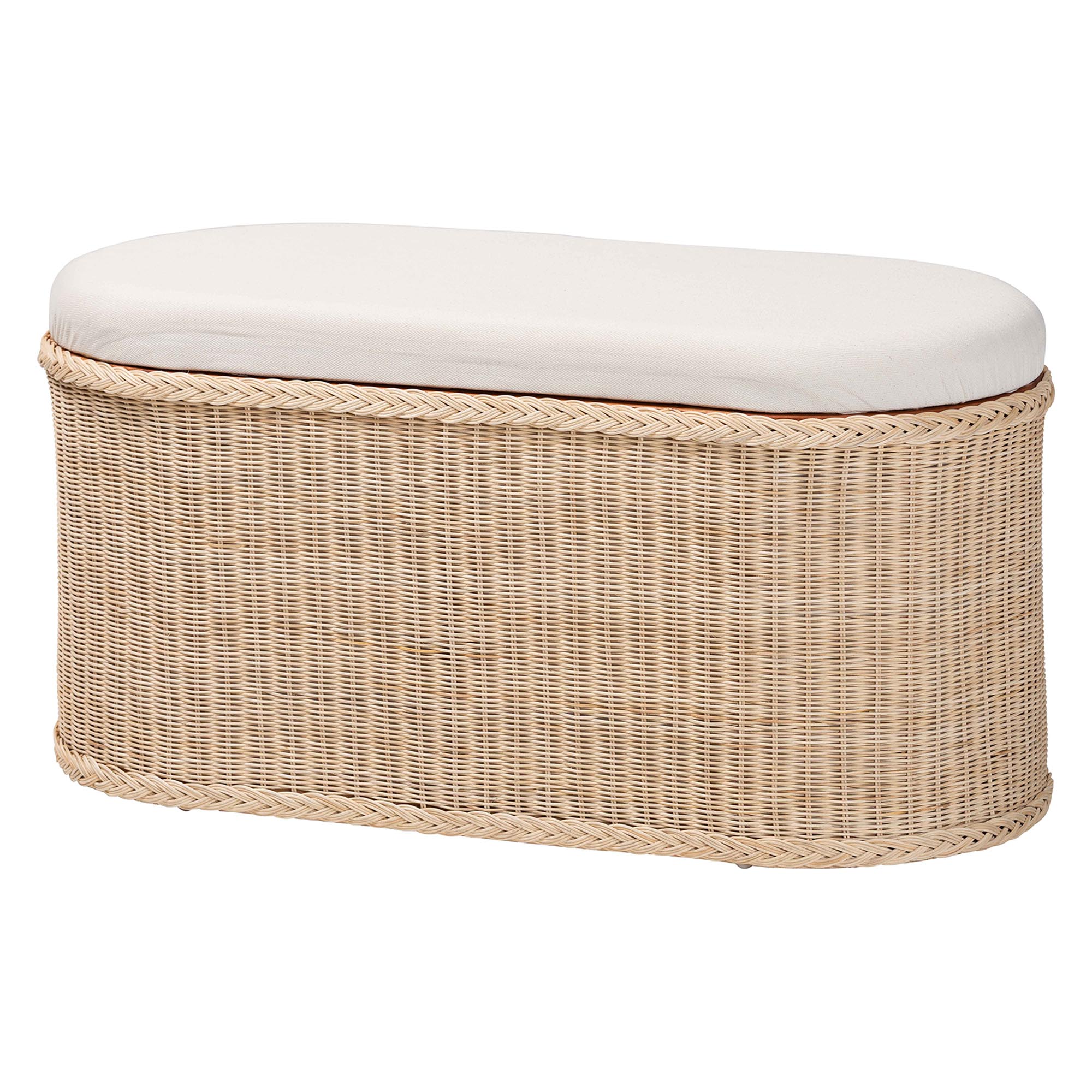 bali & pari Barid Braided Natural Rattan Storage Bench with Cushioned Lift -Top Lid - Coastal Boho Style Chest for Bedroom, Entryway, or Living Room Organization, Natural, 39" Oval Affordable modern furniture in Chicago, classic living room furniture, modern storage ottoman, cheap storage otttoman